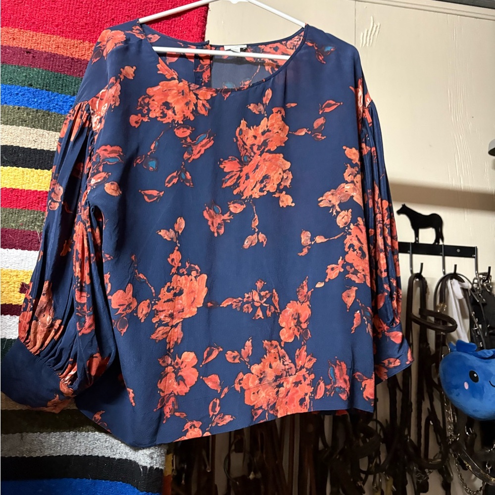Anthropologie Odille Blue and Orange Floral Silk Blouse